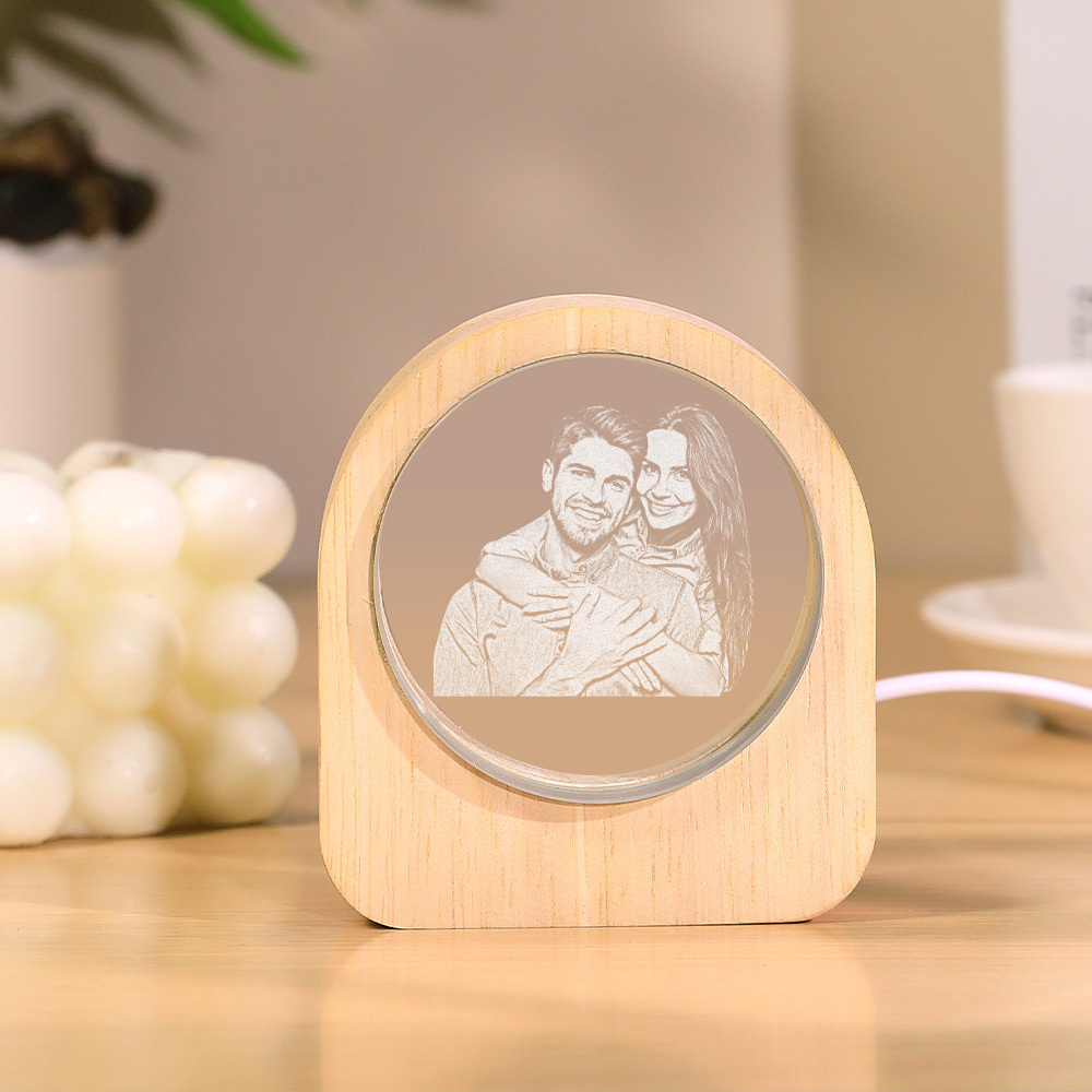 Custom Crystal Picture Photo Glass Night Light - LED Light Wooden Base, Unique Gift for Lover, Pets, Birthday