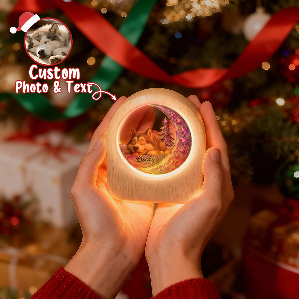 Custom Pets Photo Glass Night Light - LED Light Wooden Base, Unique Gift for Lover, Pets, Birthday