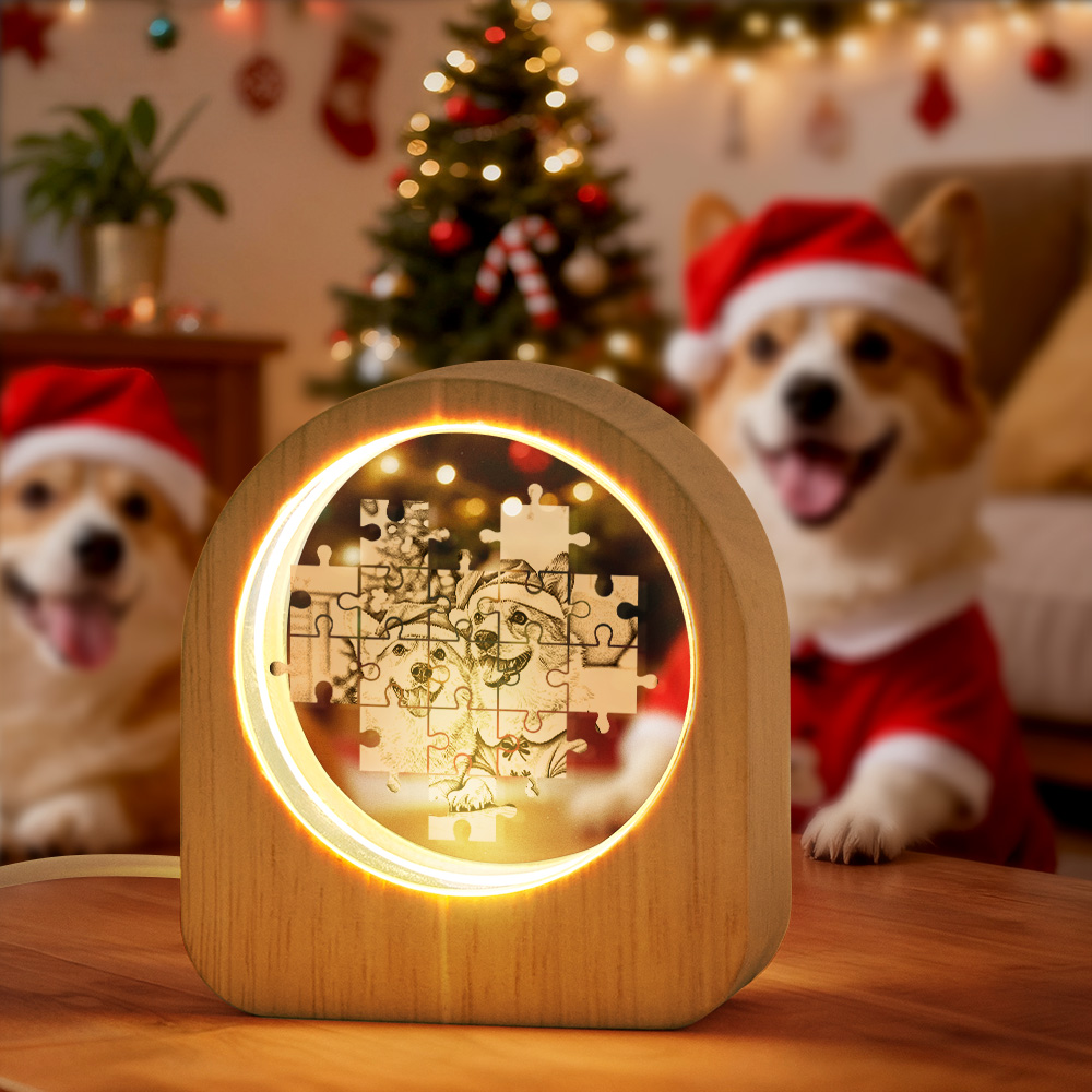 Christmas Gift Custom Crystal Picture Photo Glass Night Light - LED Light Wooden Base, Unique Gift for Lover, Pets, Birthday