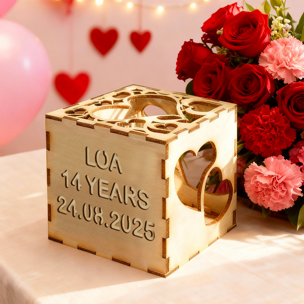 Valentine's Day Personalized Wooden Projection Night Light Cube – Custom Name, Age & Date | Heart Shadow Memory Lamp Gift for Anniversaries 