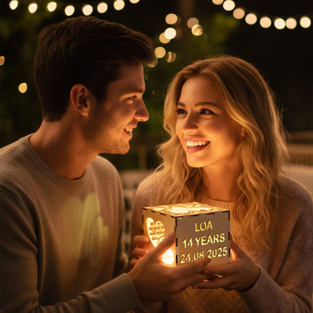 Valentine's Day Personalized Wooden Projection Night Light Cube – Custom Name, Age & Date | Heart Shadow Memory Lamp Gift for Anniversaries 