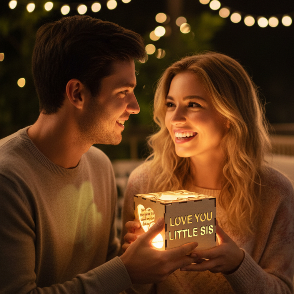 Valentine's Day Personalized Wooden Projection Night Light Cube – Custom Name, Age & Date | Heart Shadow Memory Lamp Gift for Anniversaries 