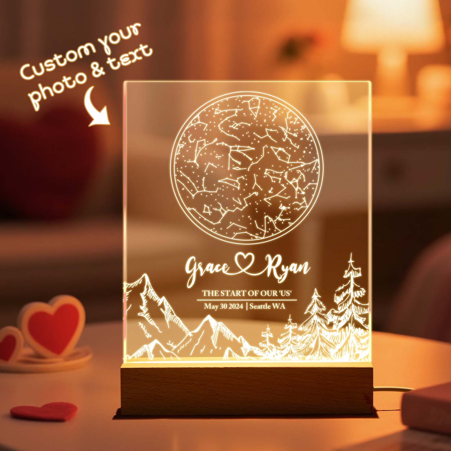 Personalized Moon & Star Map Acrylic Night Light – Custom Photo & Text Romantic Valentine’s Gift