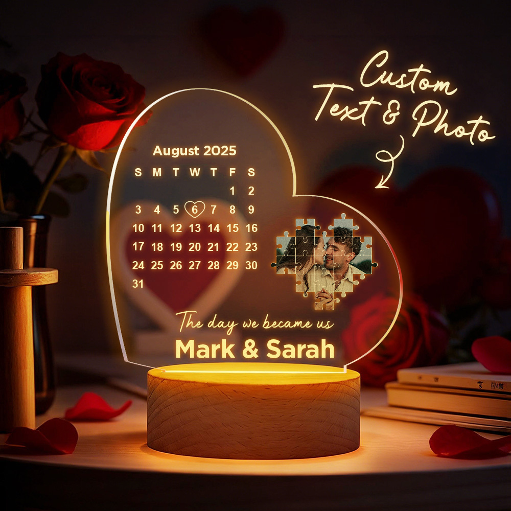 Custom 3D Acrylic Heart Lamp for Valentine's Day - Personalized LED Night Light with Names & Anniversary Date - Romantic Desktop Decor Gift