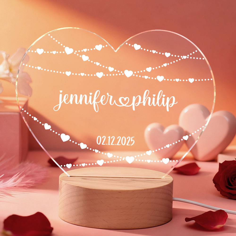 Custom 3D Acrylic Heart Lamp for Valentine's Day - Personalized LED Night Light with Names & Anniversary Date - Romantic Desktop Decor Gift