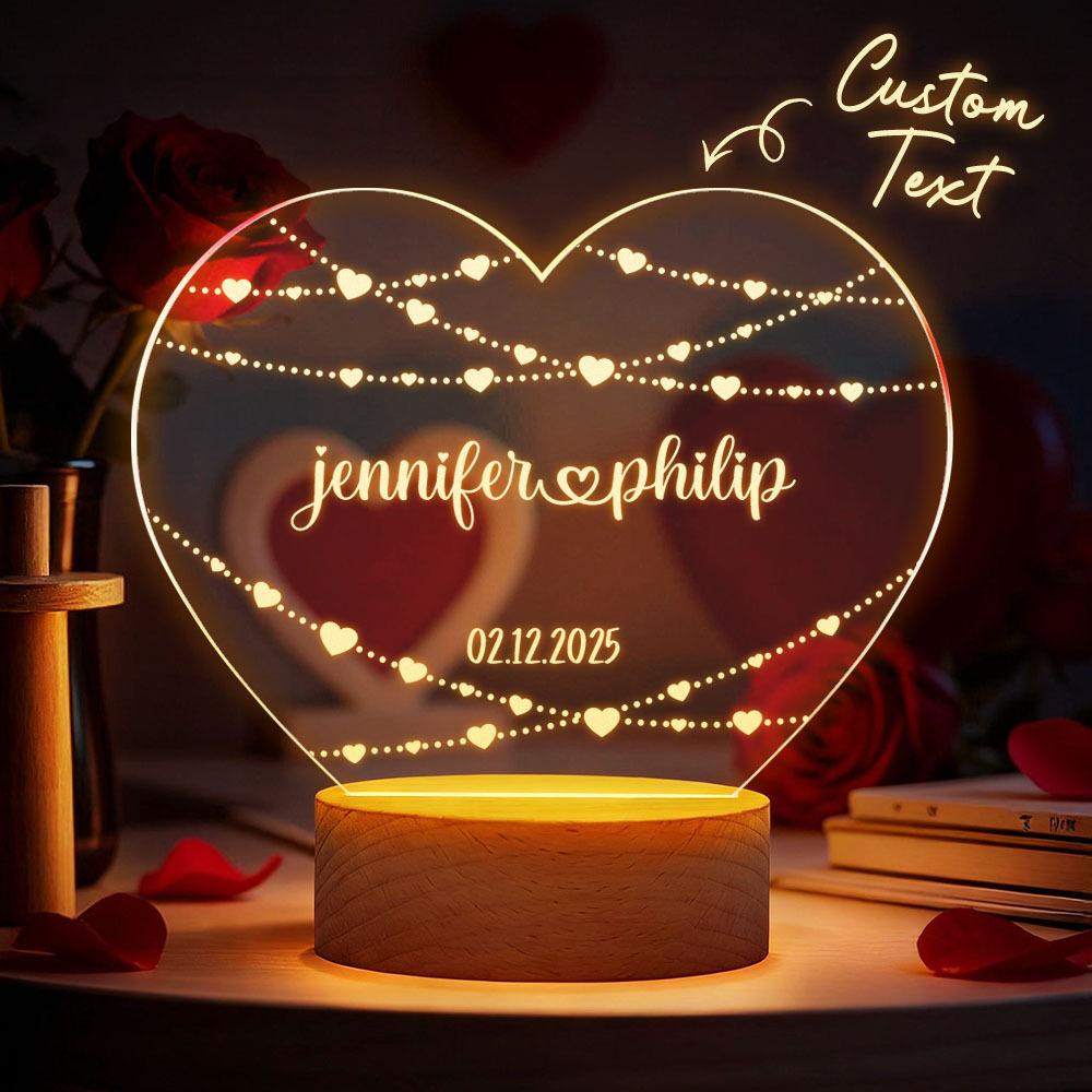 Custom 3D Acrylic Heart Lamp for Valentine's Day - Personalized LED Night Light with Names & Anniversary Date - Romantic Desktop Decor Gift