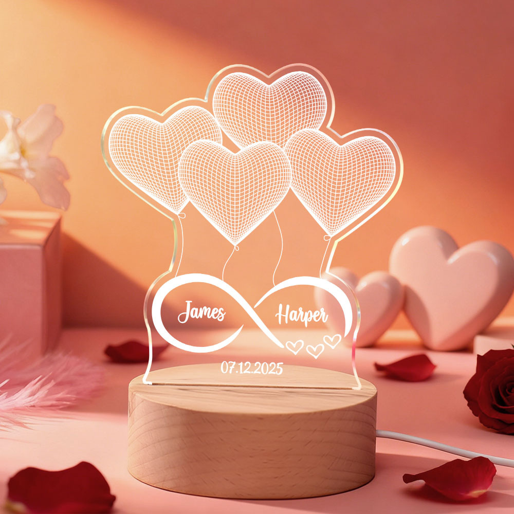 Custom 3D Acrylic Heart Lamp for Valentine's Day - Personalized LED Night Light with Names & Anniversary Date - Romantic Desktop Decor Gift