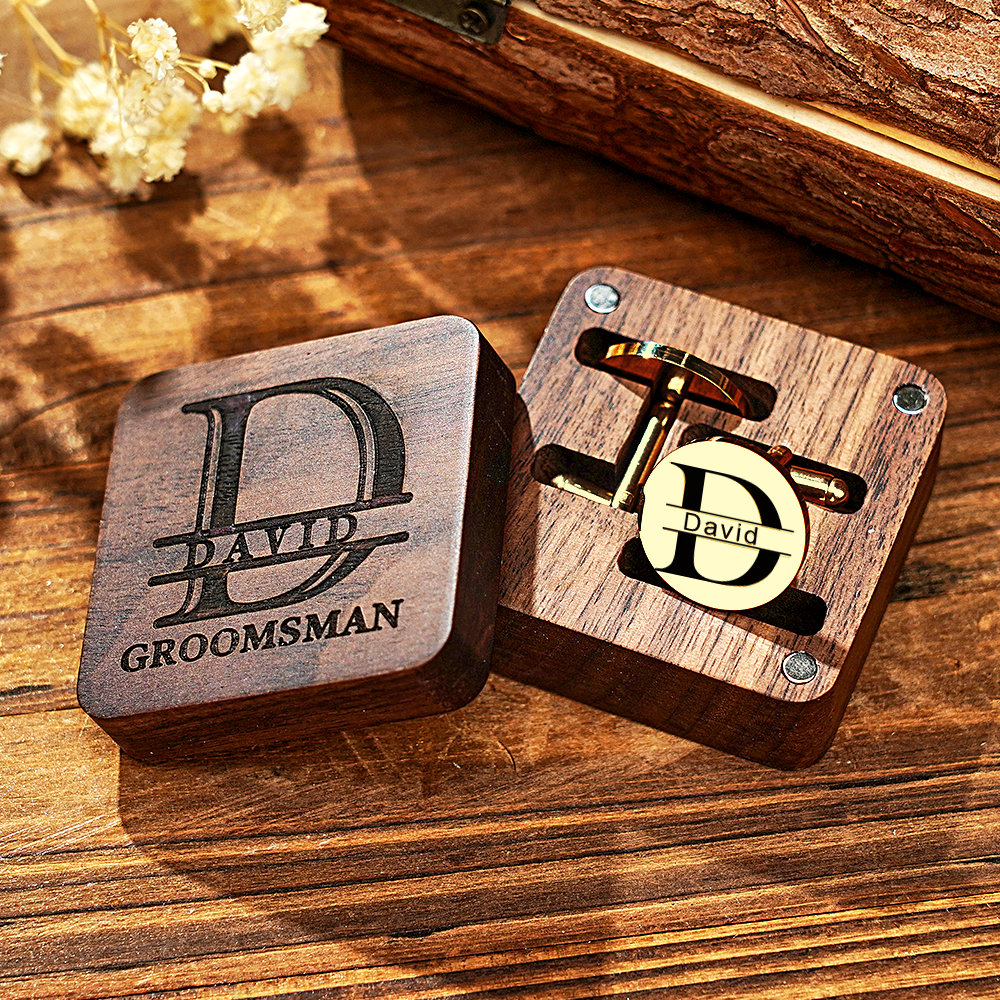 Personalized Engraved Cufflinks Set with Wooden Box Wedding Gift for Men Groomsmen - MyPhotoSocks