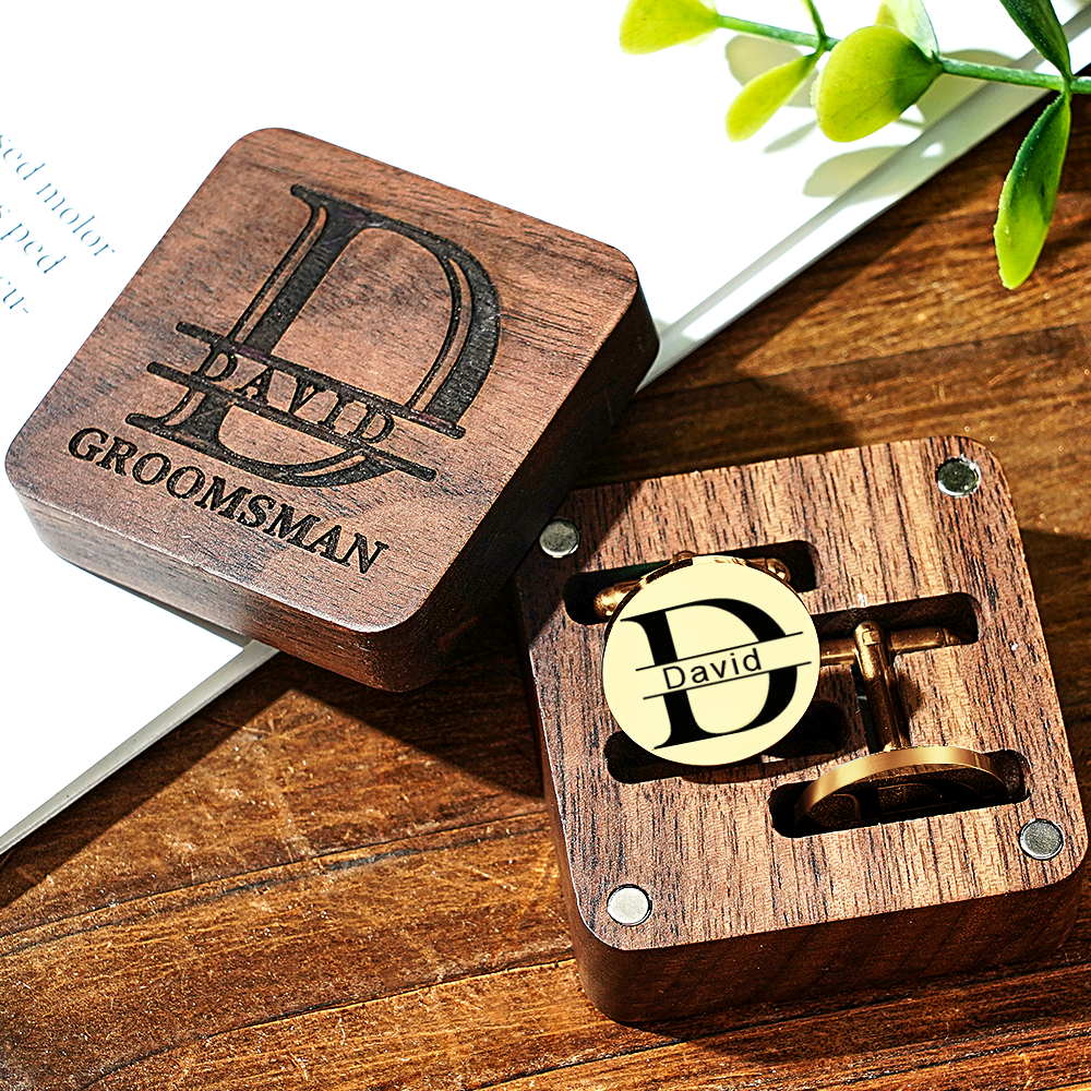 Personalized Engraved Cufflinks Set with Wooden Box Wedding Gift for Men Groomsmen - MyPhotoSocks