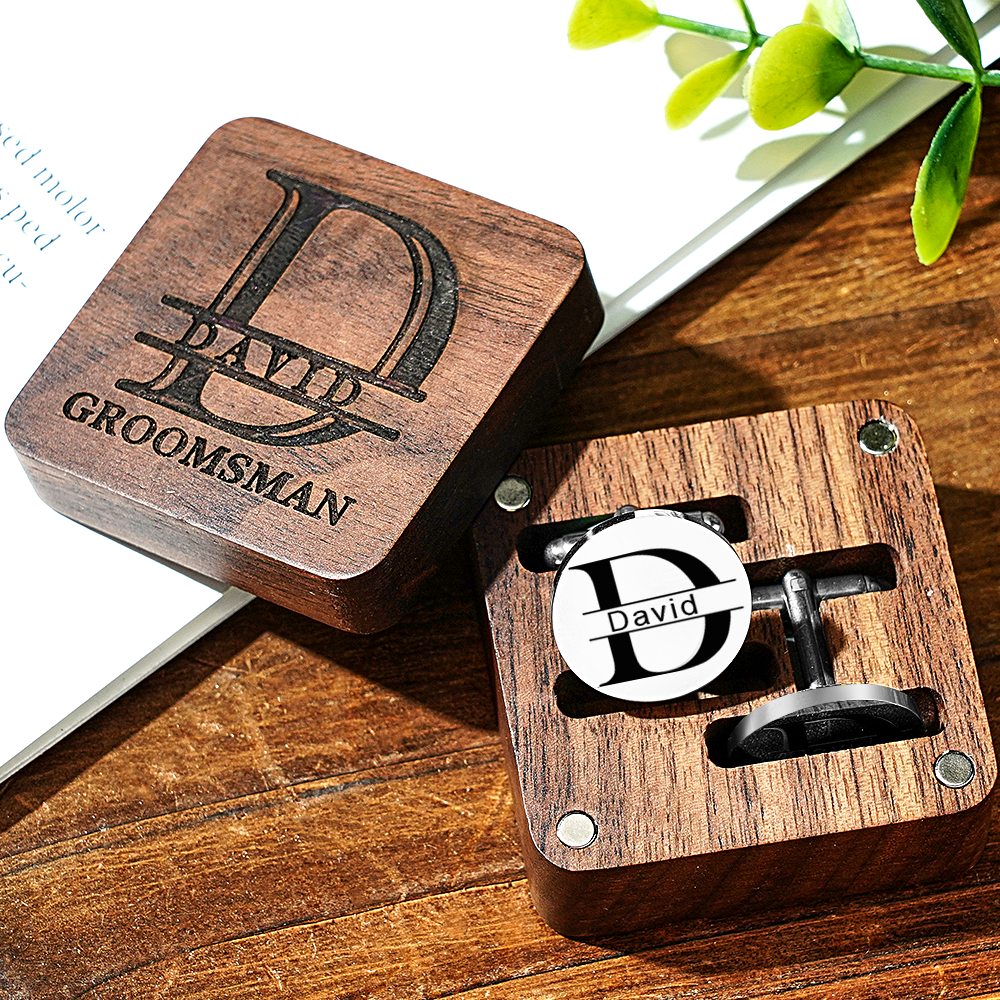 Personalized Engraved Cufflinks Set with Wooden Box Wedding Gift for Men Groomsmen - MyPhotoSocks