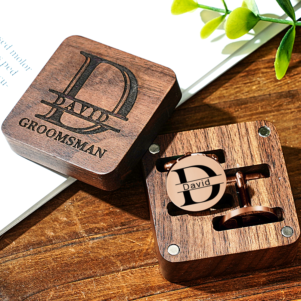 Personalized Engraved Cufflinks Set with Wooden Box Wedding Gift for Men Groomsmen - MyPhotoSocks
