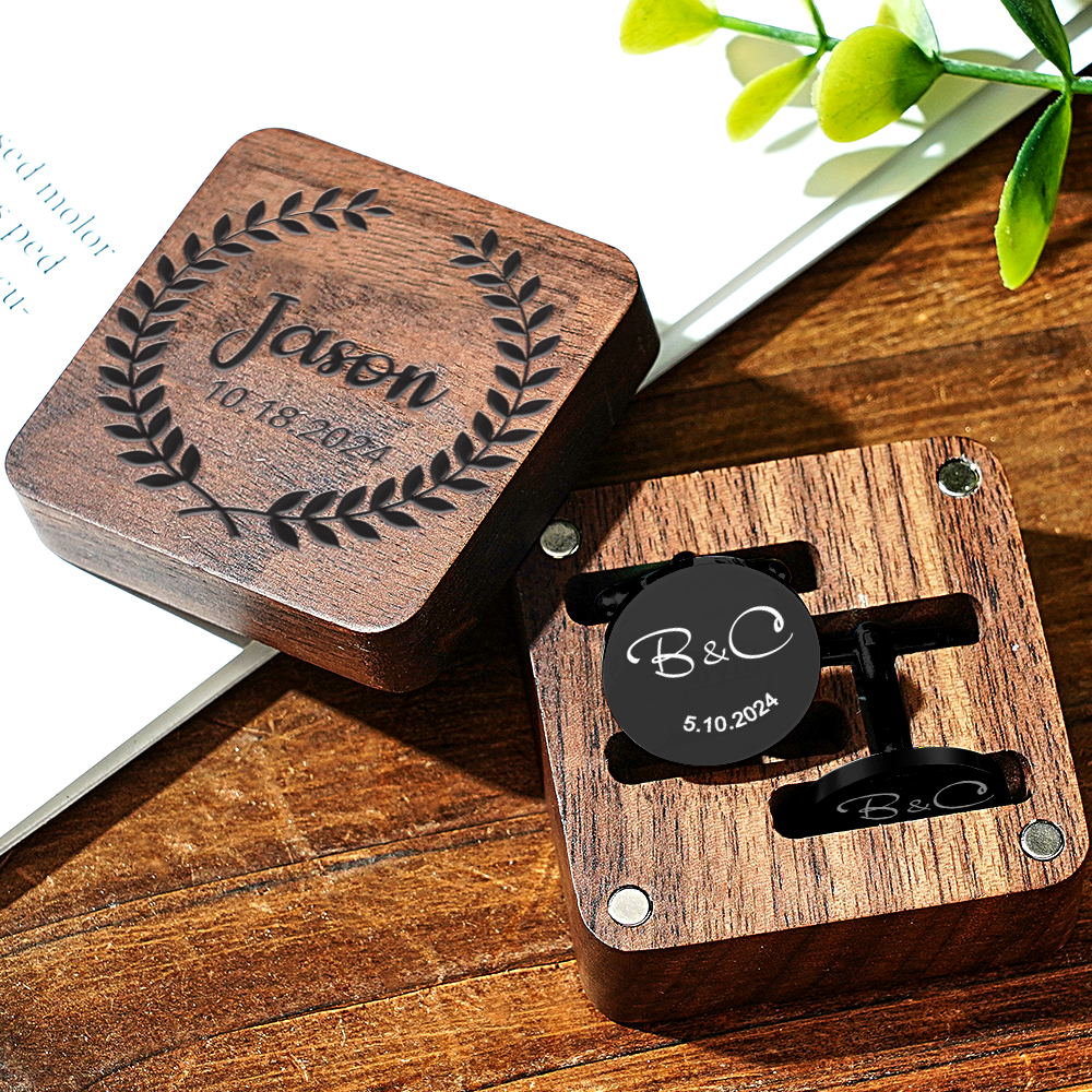 Personalized Engraved Cufflinks Set with Wooden Box Wedding Gift for Men Groomsmen - MyPhotoSocks