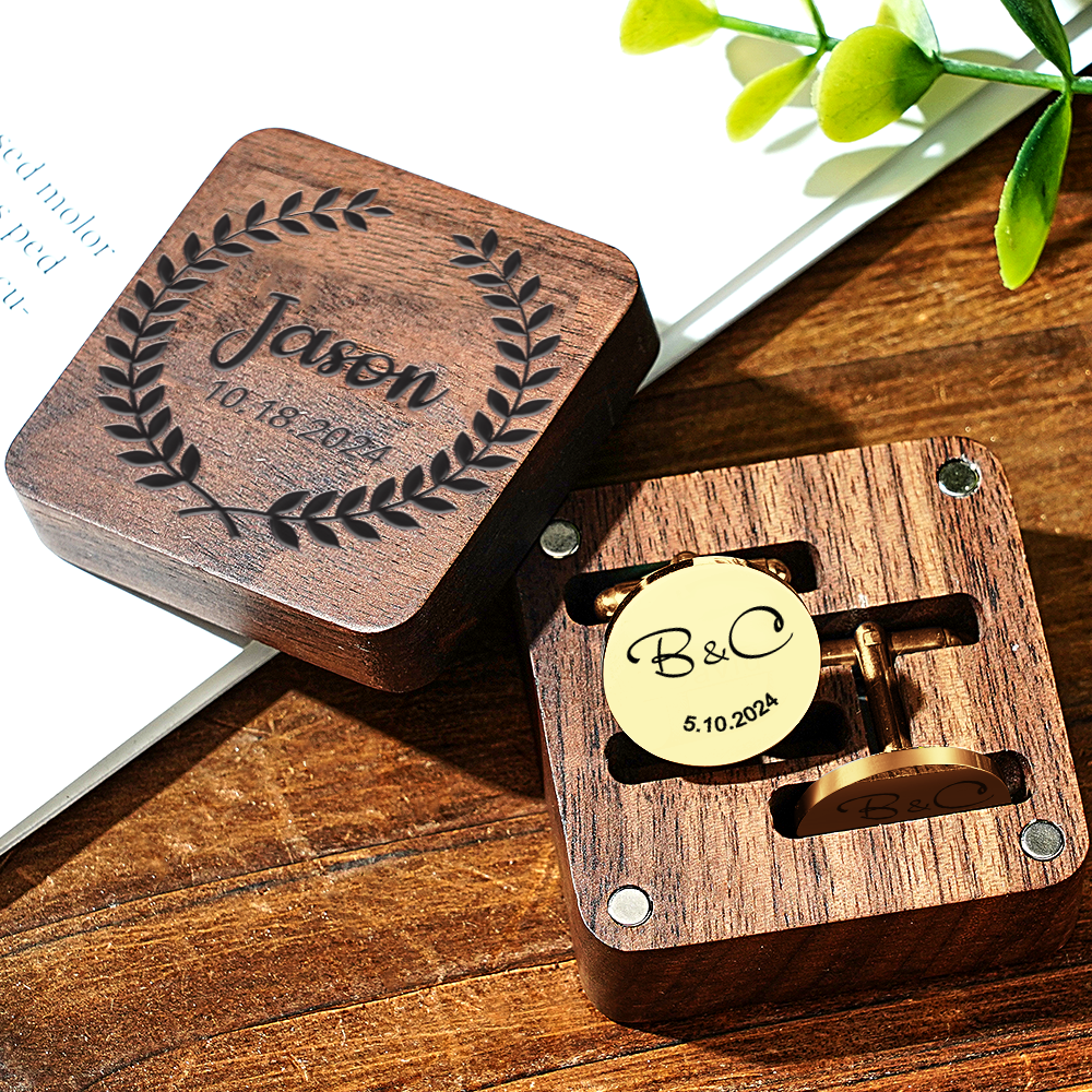 Personalized Engraved Cufflinks Set with Wooden Box Wedding Gift for Men Groomsmen - MyPhotoSocks