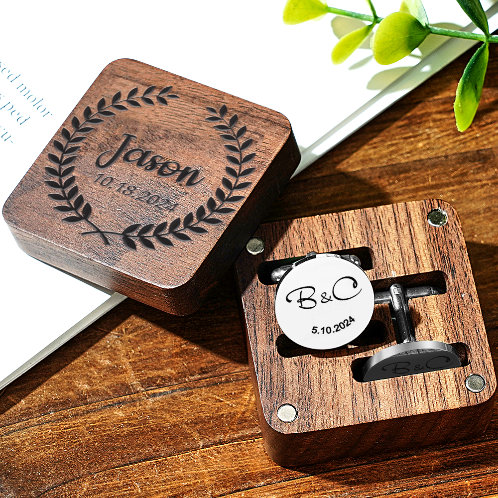 Personalized Engraved Cufflinks Set with Wooden Box Wedding Gift for Men Groomsmen - MyPhotoSocks