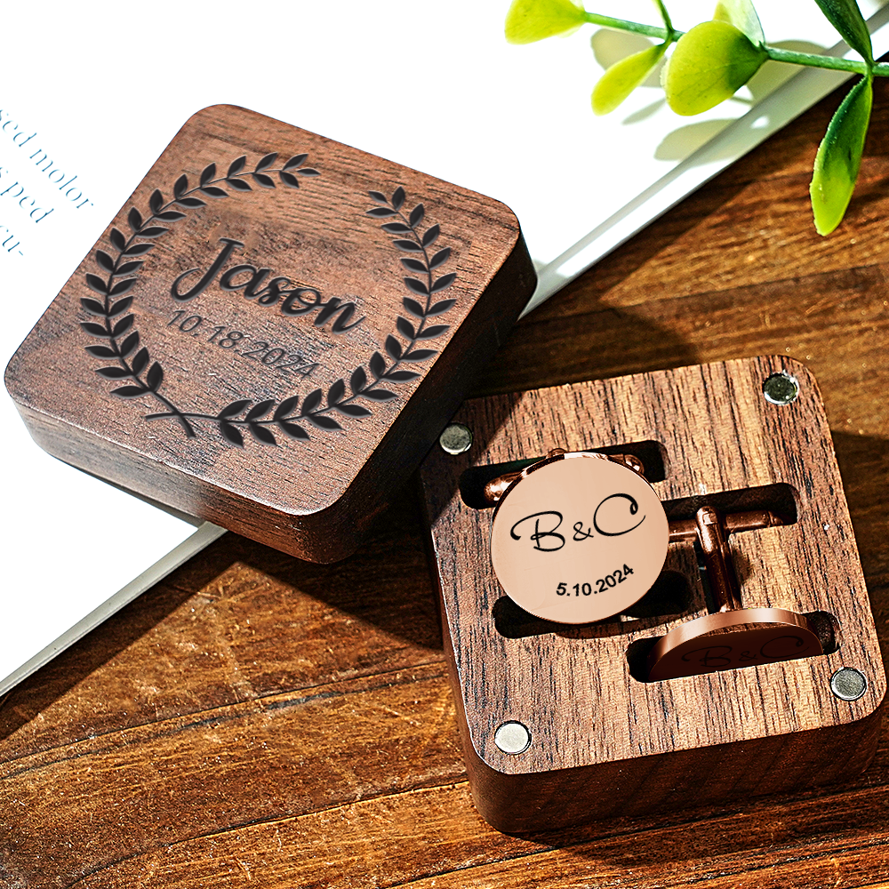 Personalized Engraved Cufflinks Set with Wooden Box Wedding Gift for Men Groomsmen - MyPhotoSocks