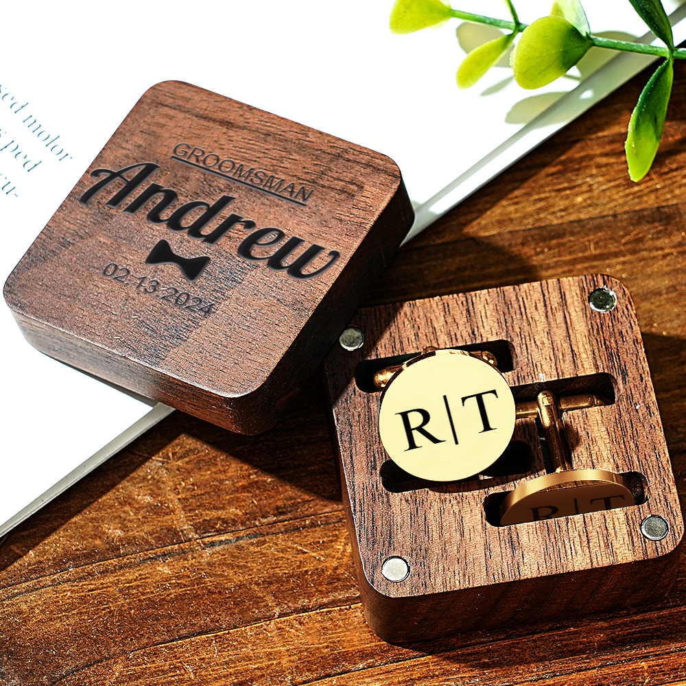 Personalized Engraved Cufflinks Set with Wooden Box Wedding Gift for Men Groomsmen - MyPhotoSocks
