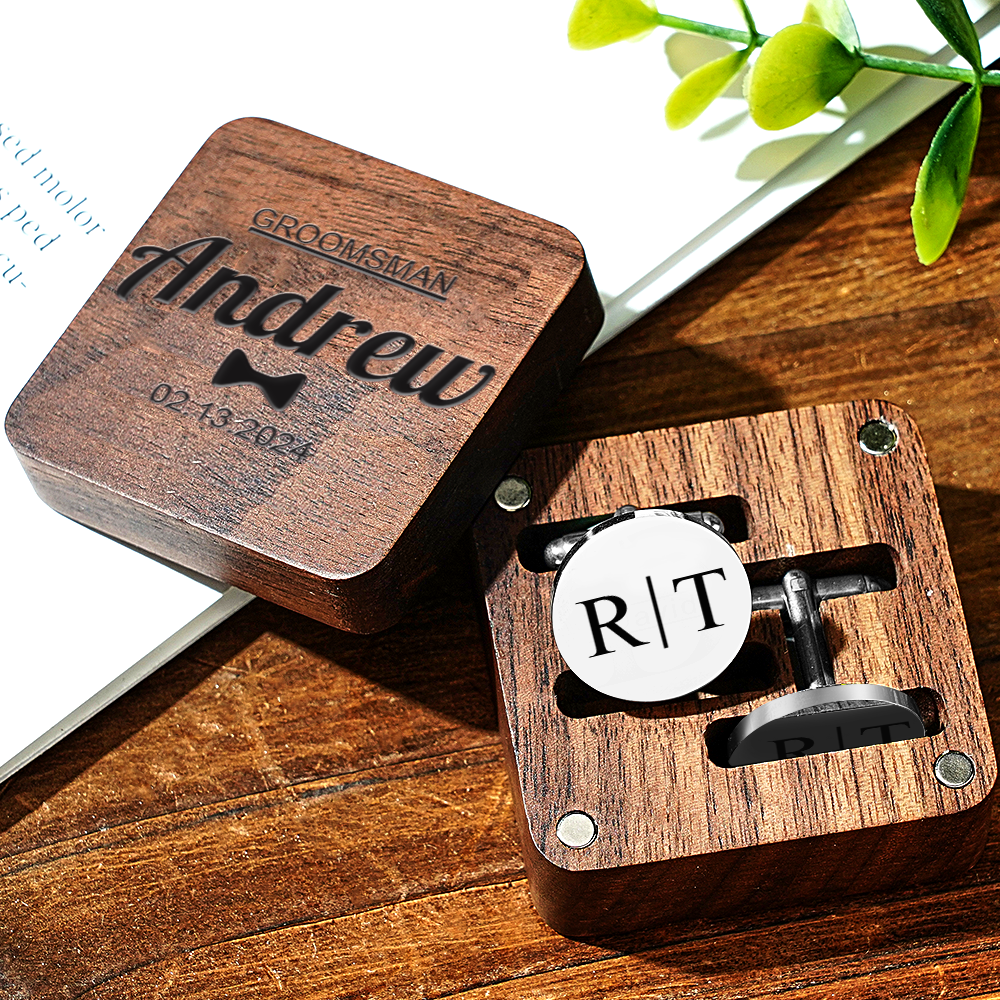 Personalized Engraved Cufflinks Set with Wooden Box Wedding Gift for Men Groomsmen - MyPhotoSocks