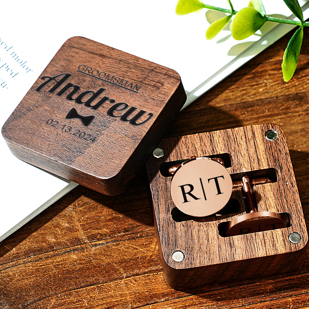 Personalized Engraved Cufflinks Set with Wooden Box Wedding Gift for Men Groomsmen - MyPhotoSocks