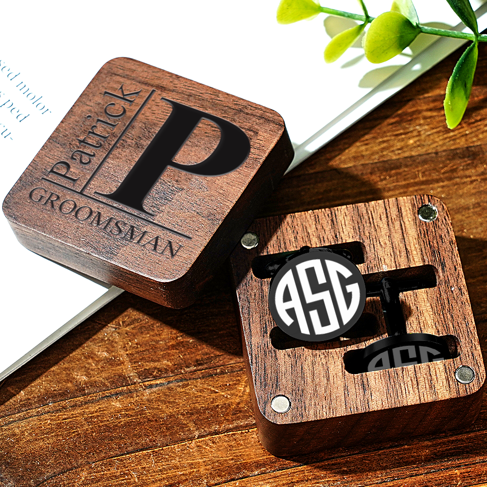Personalized Engraved Cufflinks Set with Wooden Box Wedding Gift for Men Groomsmen - MyPhotoSocks