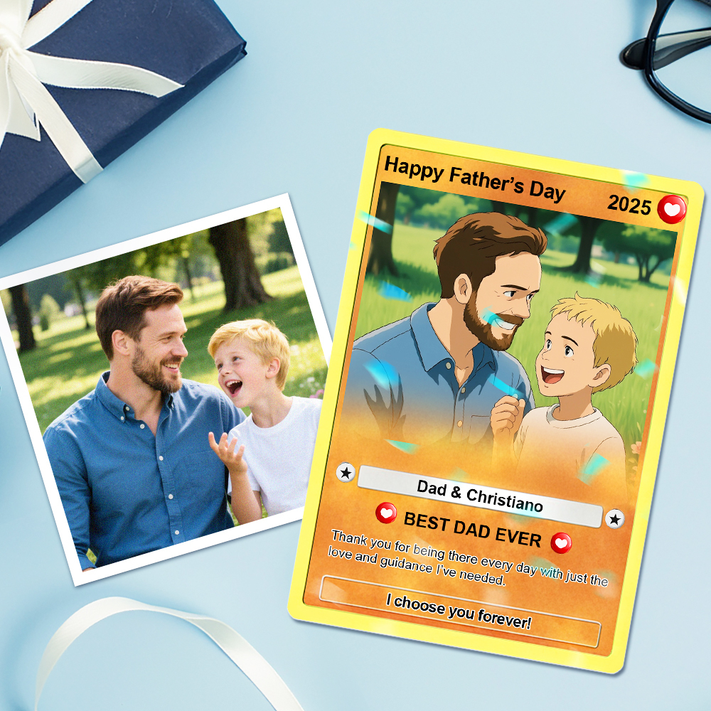 Personalized Father's Day Gift For Dad, Fathers Day Anime Card, Custom Photo Trading Anime Card, Gamer Dad Gift From Kids, Gift For Husband