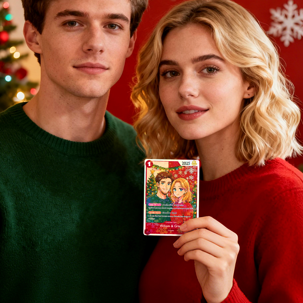 Custom Anime Couple TCG Card – Personalized Trading Card with Photo, Name & Power Stats, Romantic Gift for Him or Her