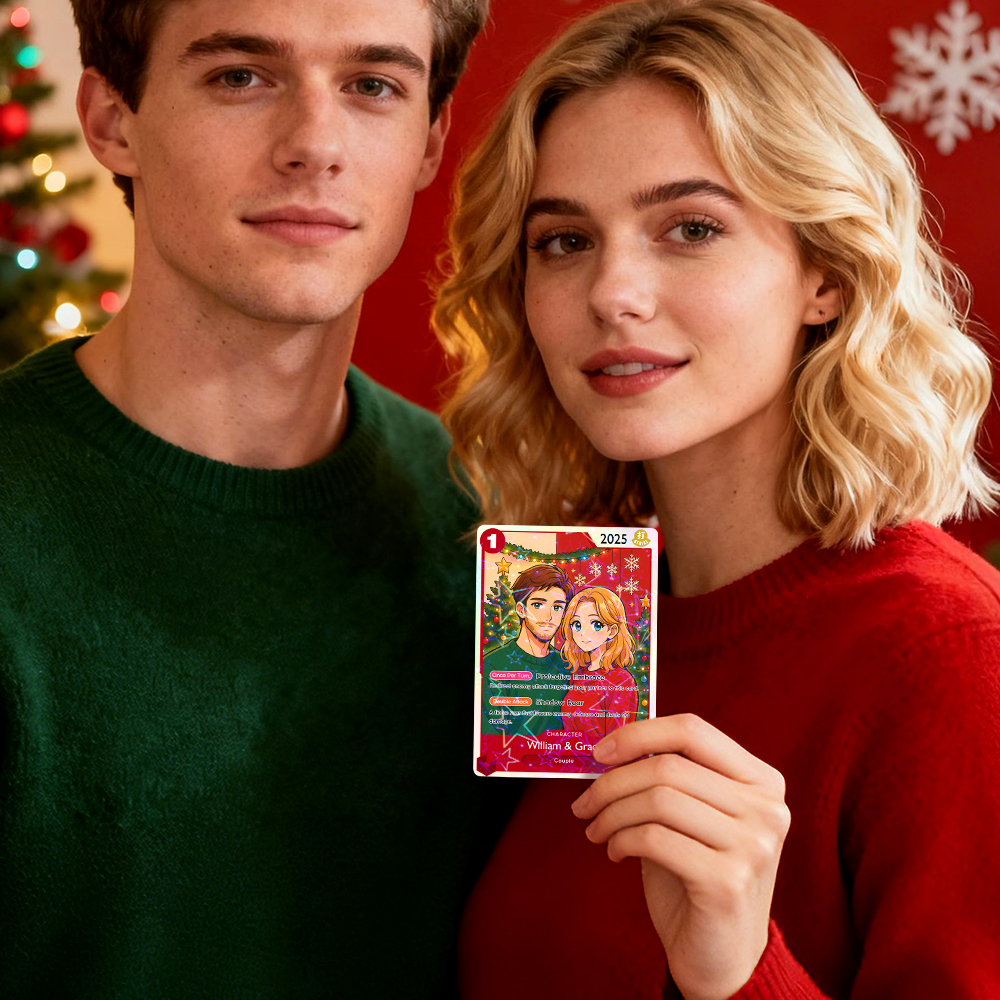 Custom Anime Couple TCG Card – Personalized Trading Card with Photo, Name & Power Stats, Romantic Gift for Him or Her