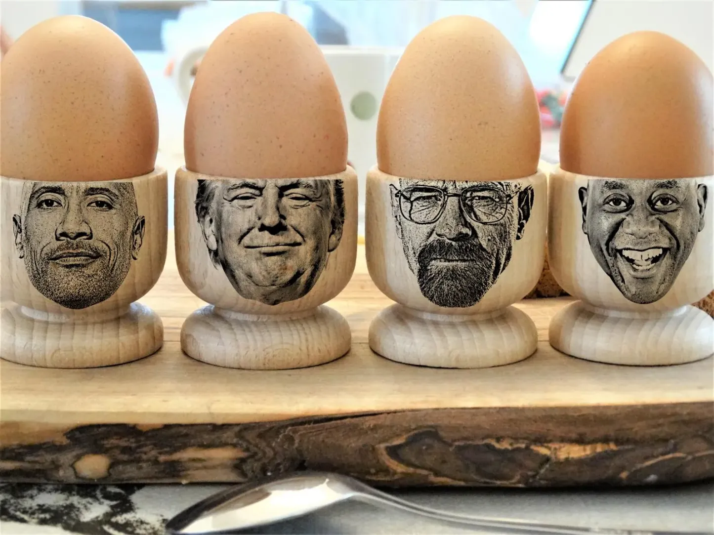 Custom Photo Face Egg Cup, Bald Personalised Wooden Gift for Easter and Breakfast Fun