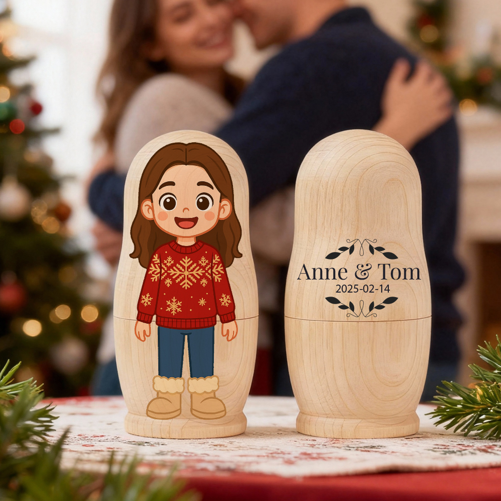Personalized Matryoshka Doll With Portrait And Text, Custom Photo, Family Portrait, Cartoon Style, Christmas Gift