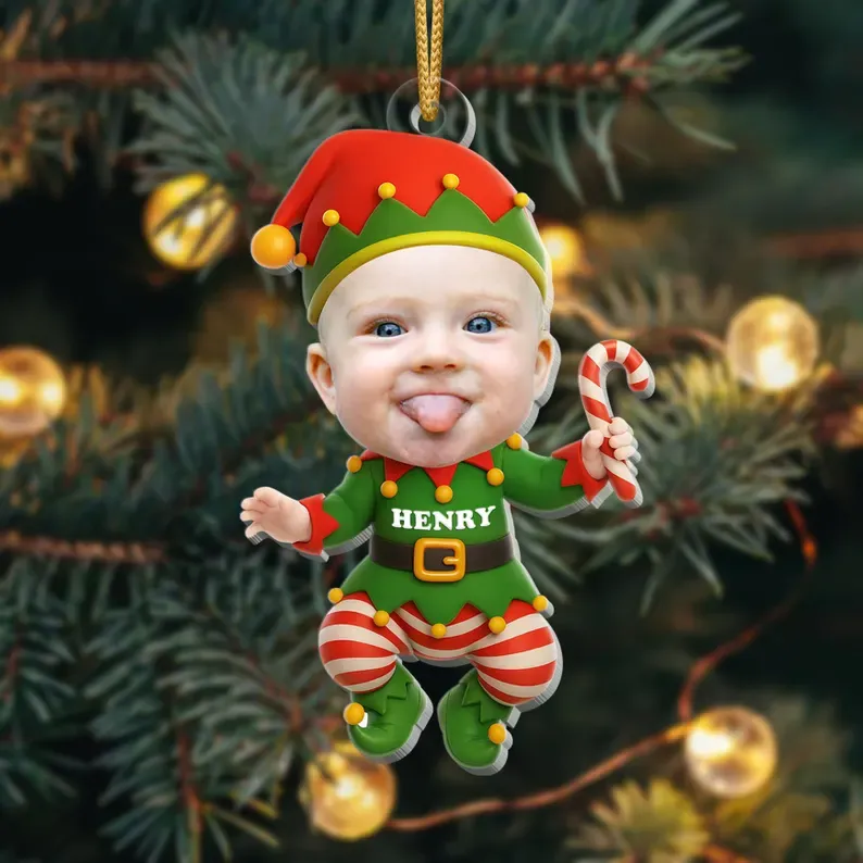 Personalized Baby's First Christmas Acrylic Ornament: Photo Santa, Elf & Gingerbread Design