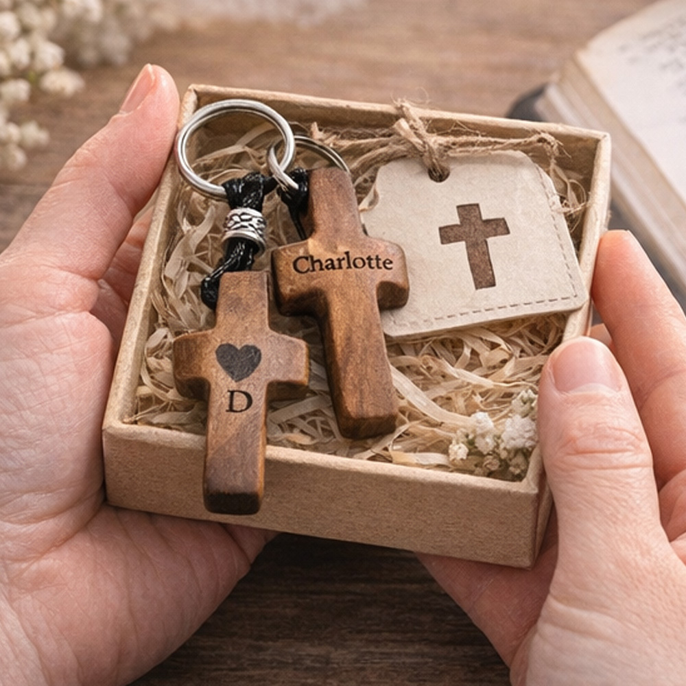 Custom Wooden Cross Heart Keychain with Engraved Initial and Name Easter Baptism Gift for Christians