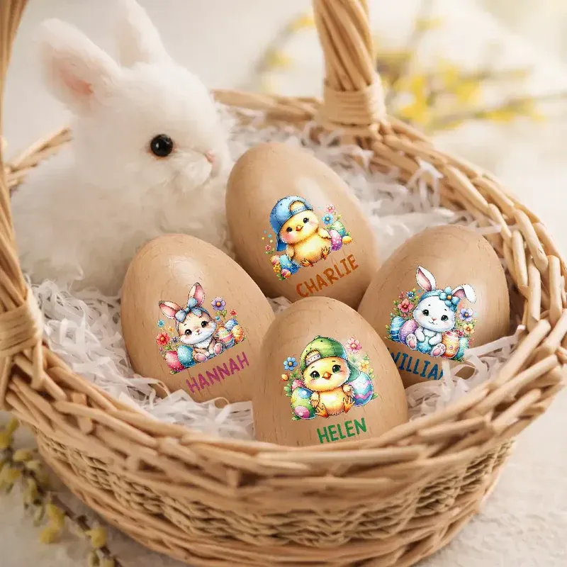 Custom Name With Watercolor Bunny Chicken - Personalized Musical Wooden Easter Egg Shaker