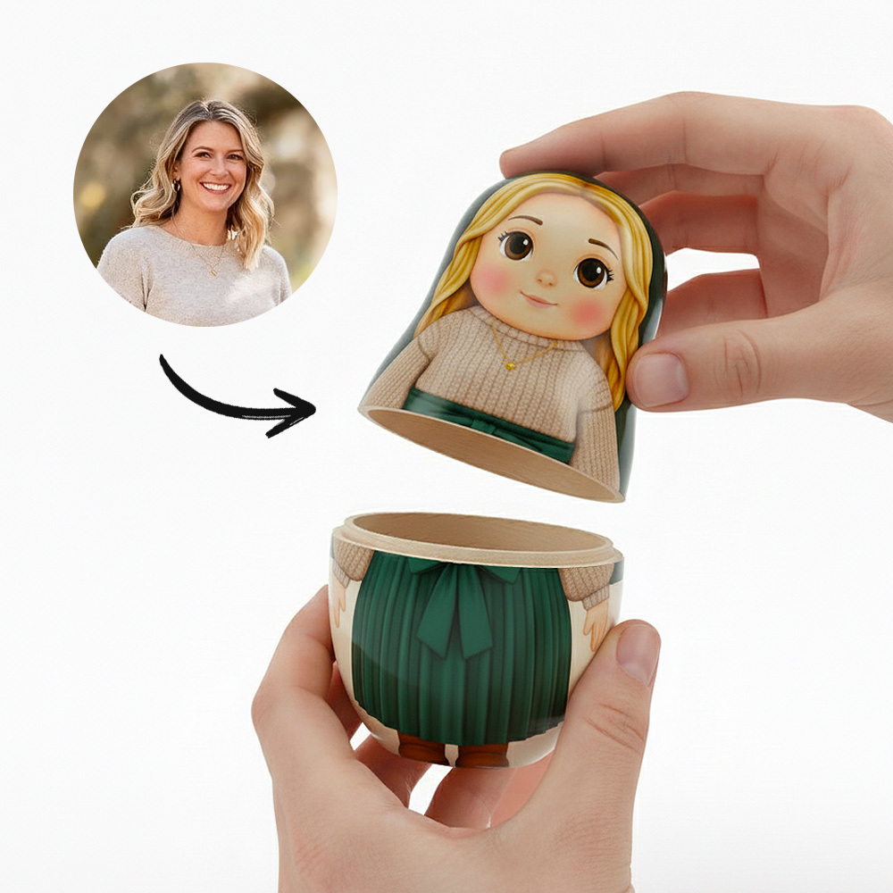 Personalized Matryoshka Doll With Portrait And Text, Custom Photo, Family Portrait, Cartoon Style, Christmas Gift