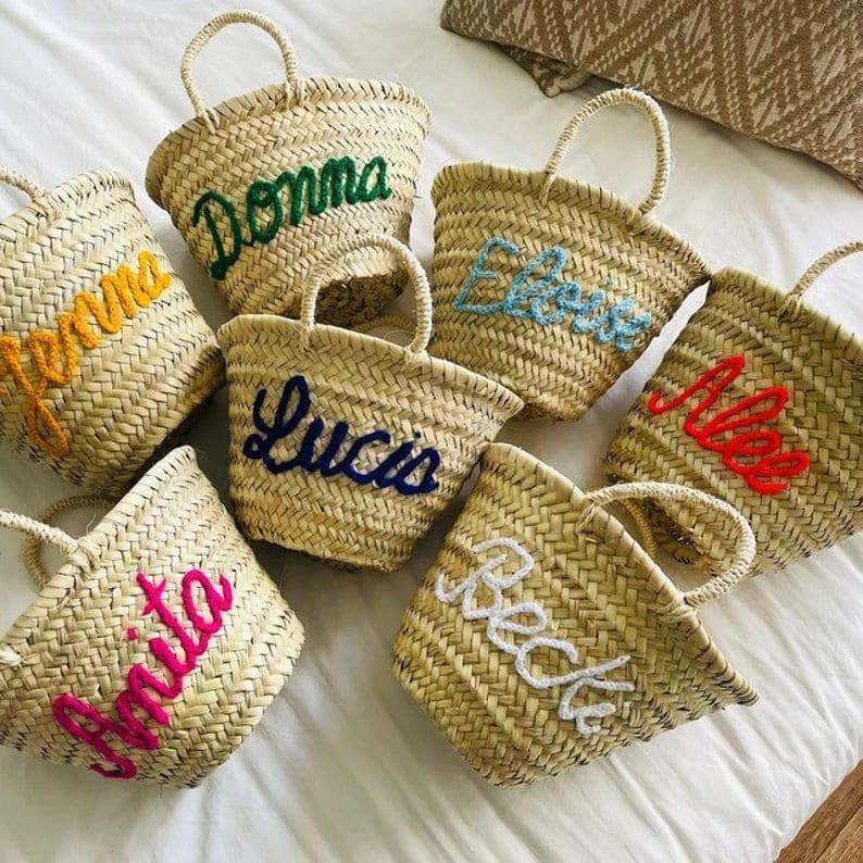 Personalized Embroidered Name Bags Straw Basket Bridal Shower Bags Customized Straw Bags Custom Beach Bag Straw Tote - MyPhotoSocks