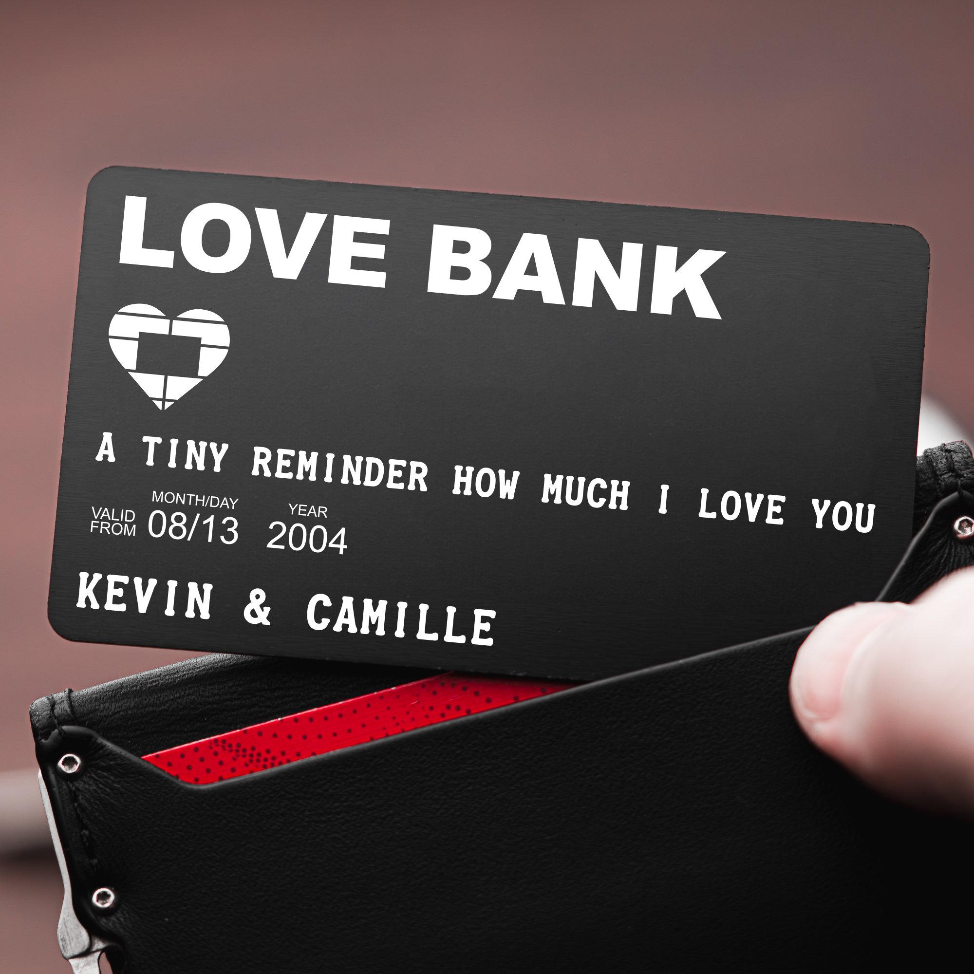 Personalized Love Bank Wallet Card - Custom Names & Date - Valentine's Day Anniversary Gift for Him or Her