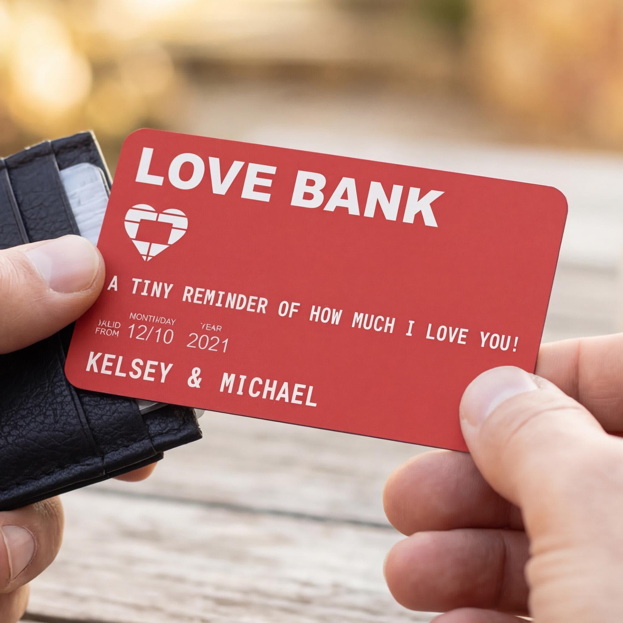 Personalized Love Bank Wallet Card - Custom Names & Date - Valentine's Day Anniversary Gift for Him or Her