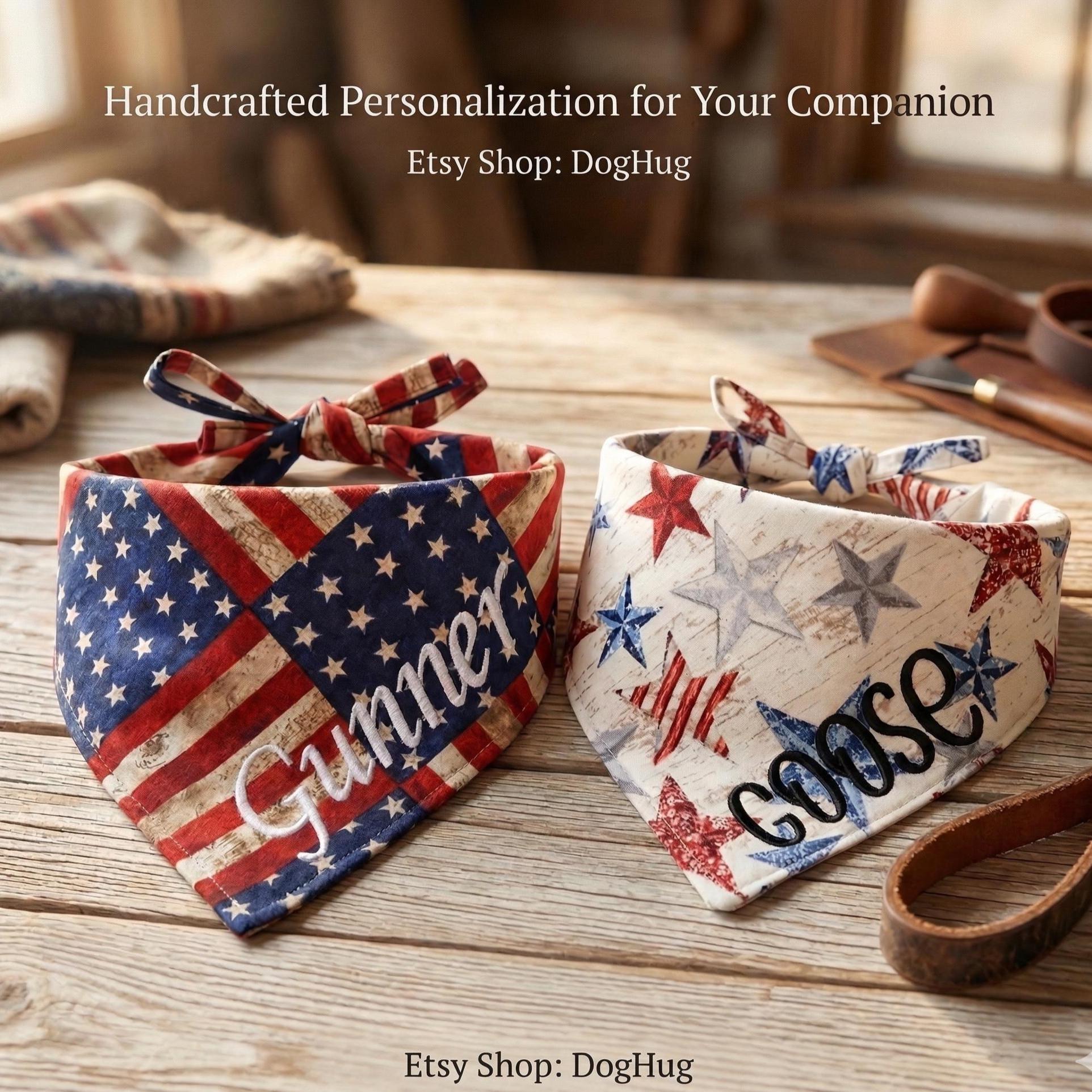 Personalized Patriotic Dog Bandanas | Custom Name Star & Stripe Pet Scarf | Patriotic American flag pattern