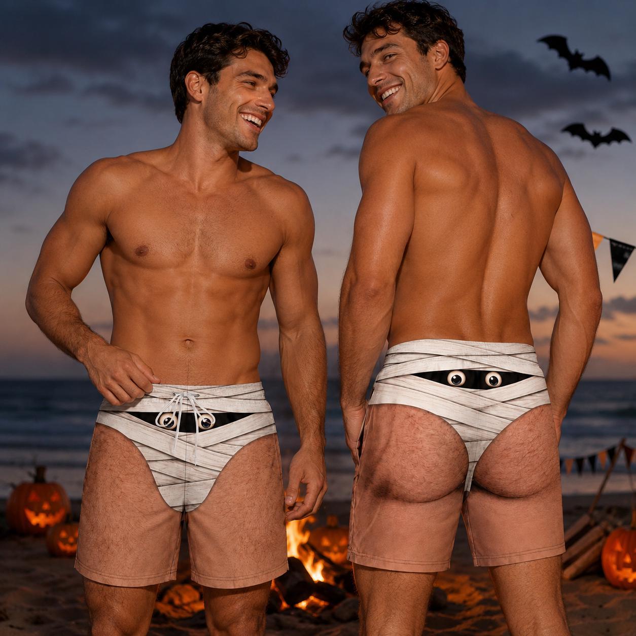 Custom Funny Men's Swim Trunks, Mummy Bikini Illusion Shorts, Halloween Beachwear, Spooky Pool Party Gag Gift for Him