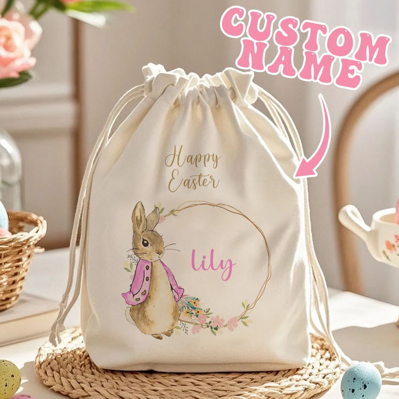 Personalized Cute Peter Rabbit Drawstring Canvas Bag with Initials and Name Easter Egg Hunt Basket Birthday Party Favor for Kids