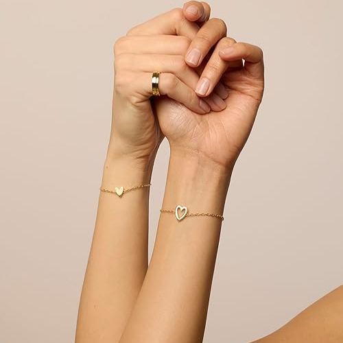 Matching Heart Charms Solitaire Bracelet Set for Women Adjustable Love Friendship Two Bracelet Pack