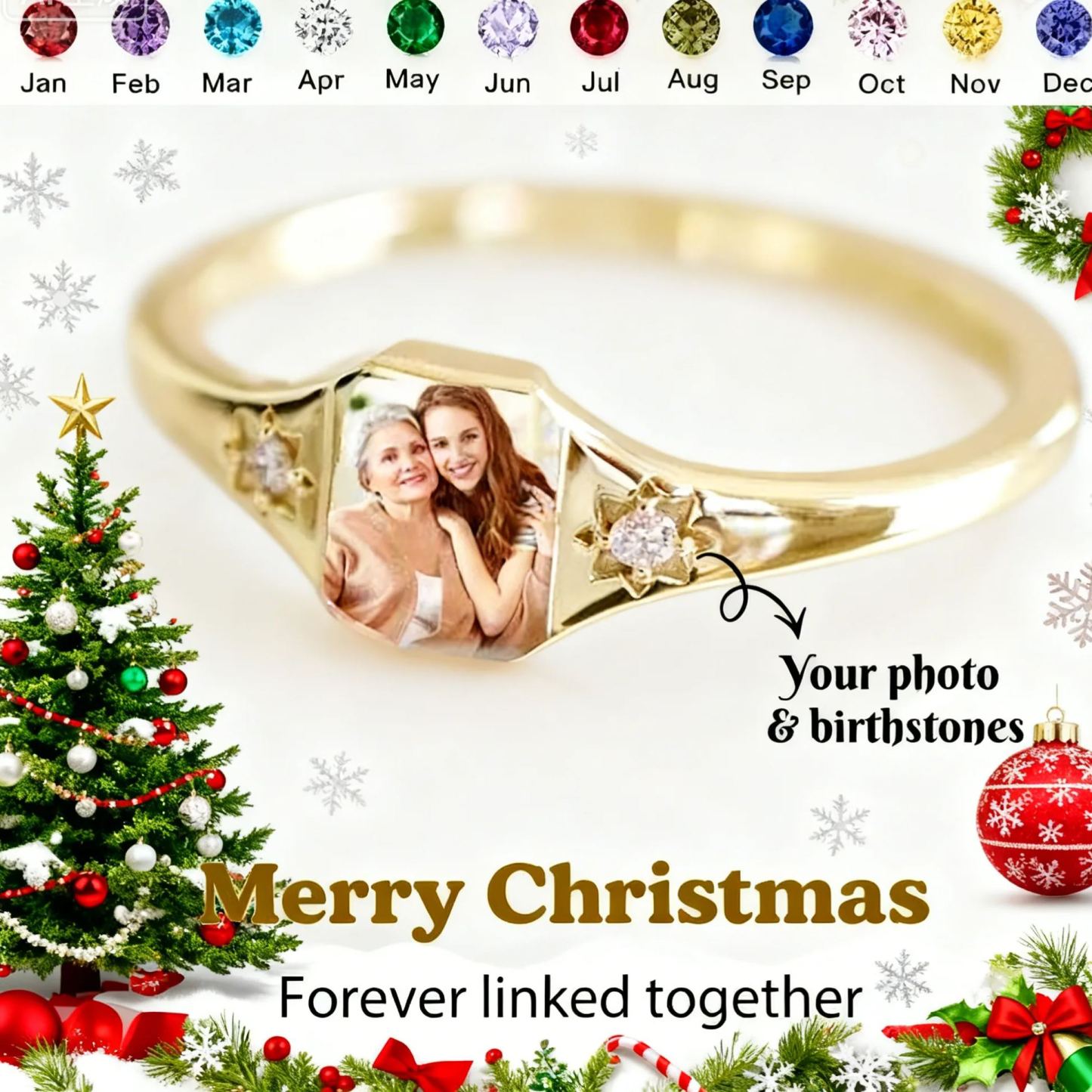 Christmas Day Gifts Personalized Birthstone Photo Ring 2 Birthstone Colors Custom Jewelry Perfect Gift for Her