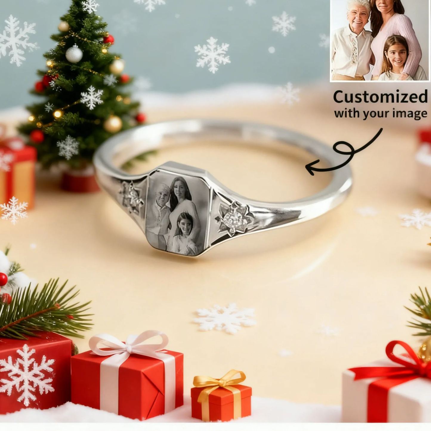 Christmas Day Gifts Personalized Birthstone Photo Ring 2 Birthstone Colors Custom Jewelry Perfect Gift for Her