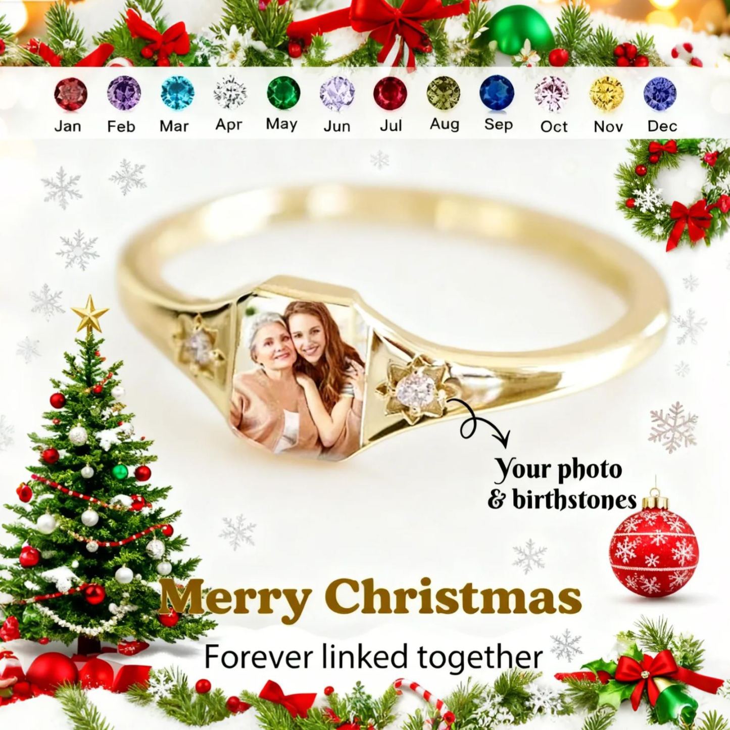 Christmas Day Gifts Personalized Birthstone Photo Ring 2 Birthstone Colors Custom Jewelry Perfect Gift for Her