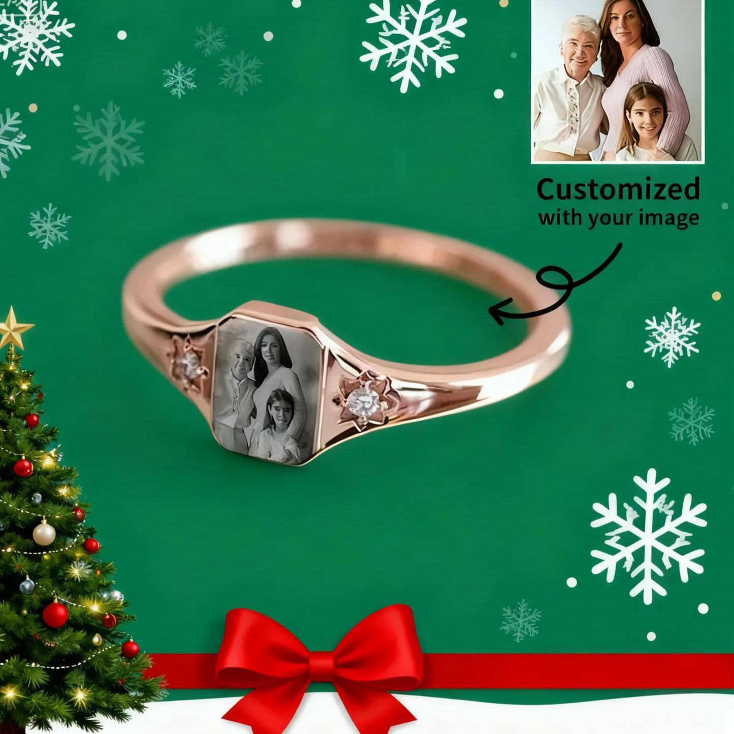 Christmas Day Gifts Personalized Birthstone Photo Ring 2 Birthstone Colors Custom Jewelry Perfect Gift for Her