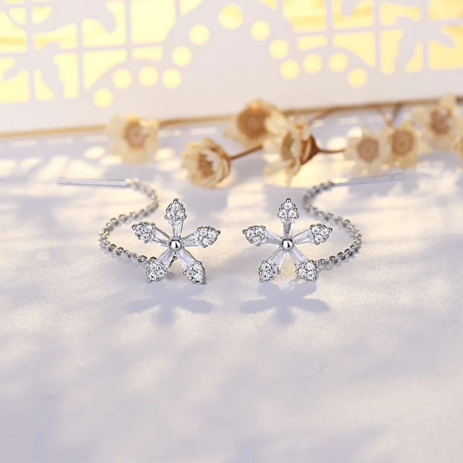 Sparkling Snowflake Flower Threader Earrings in Silver –Chain Earrings