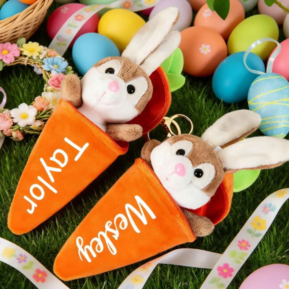 Personalized Reversible Carrot Plush Toy, Custom Plush Rabbit Keychain,Customize Cute Easter Bunny Keychain,Easter Gift with Name