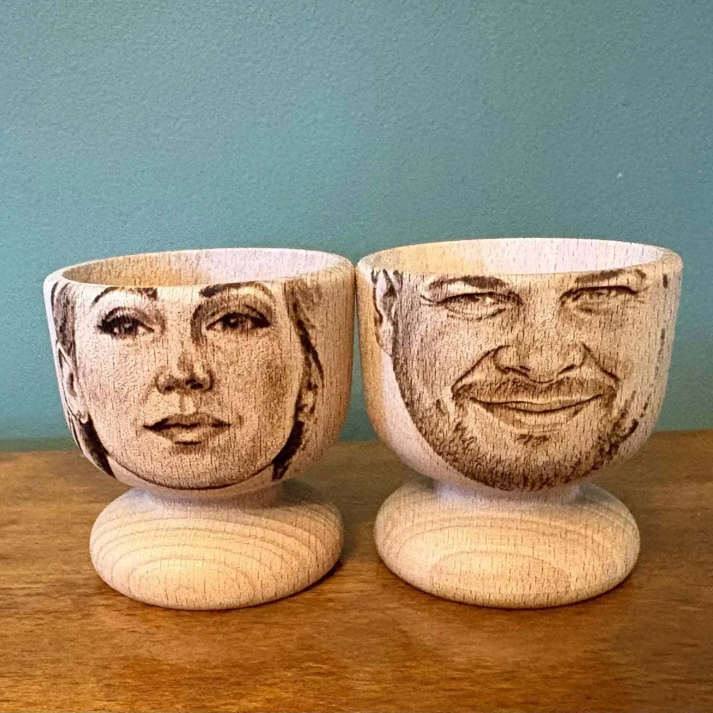 Custom Photo Face Egg Cup, Bald Personalised Wooden Gift for Easter and Breakfast Fun