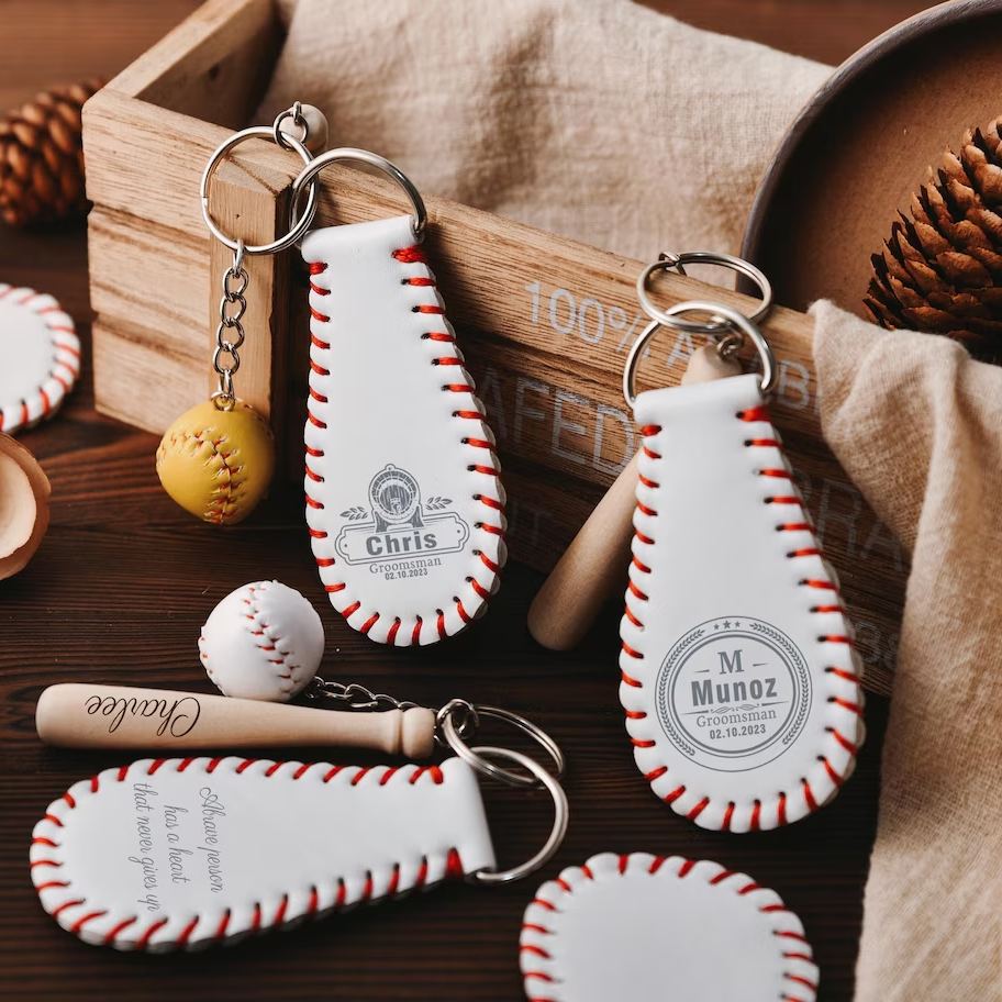 Personalized leather baseball keychain, Groomsmen mini baseball keychain, custom gifts for baseball fans, gifts for him/her