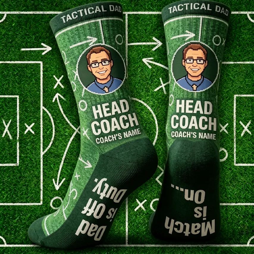 Custom Cartoon Photo Socks - Personalized with Your Photo and Name - Green Football Field Design