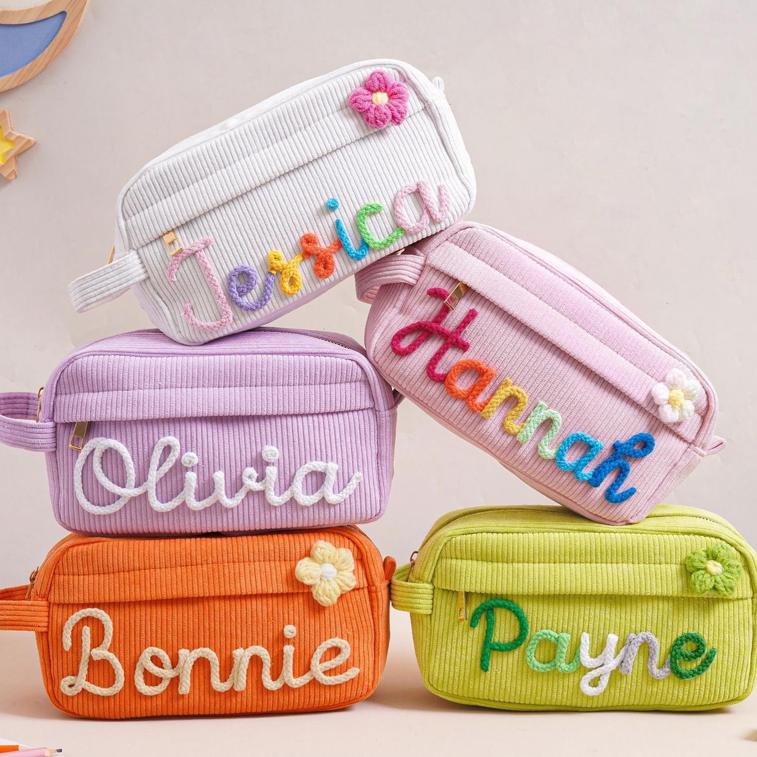 Personalized Corduroy Pencil Case, Custom Name Corduroy Pouch, Back to School Gift, Monogram Pencil Bag with Yarn Name, Gift for Kids