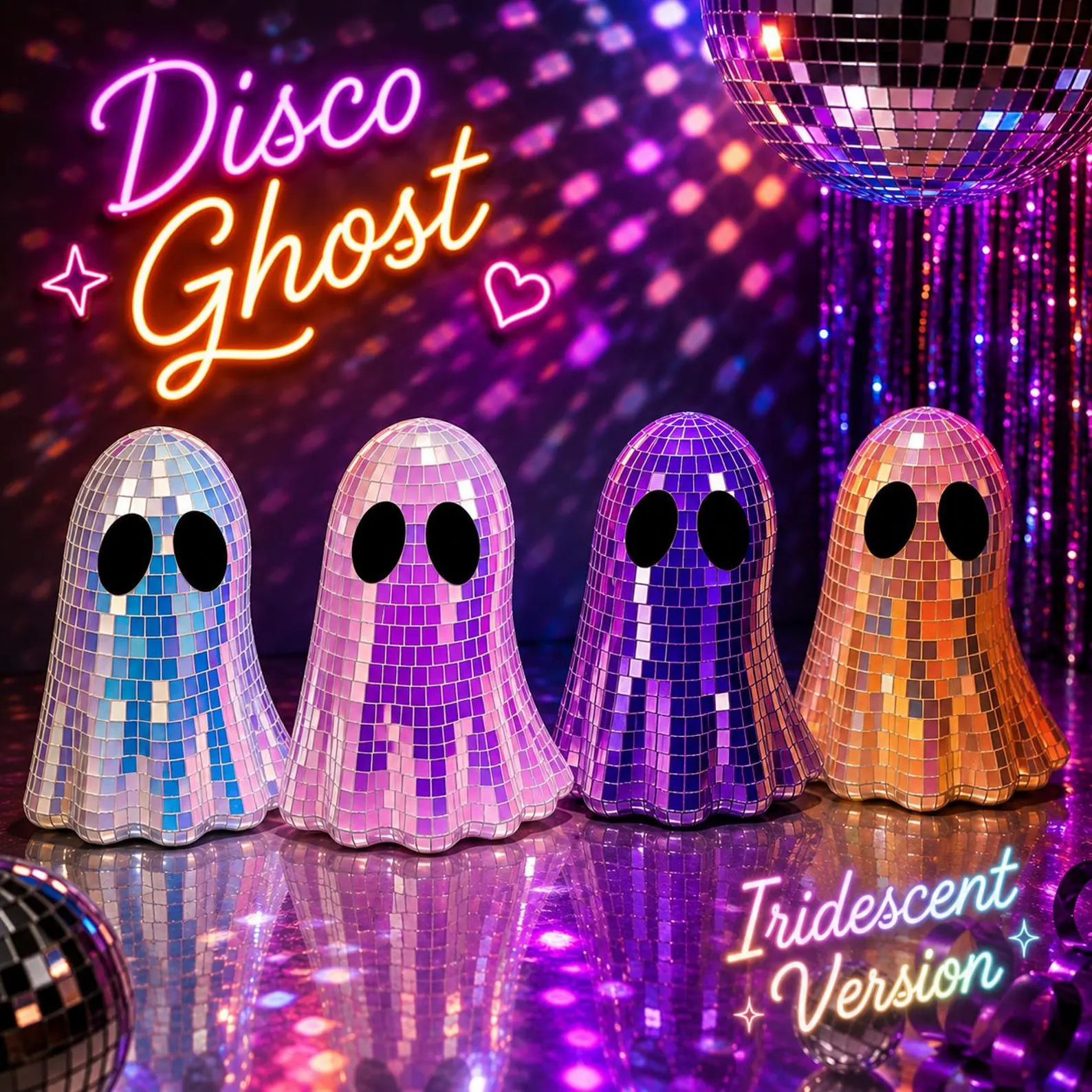 Iridescent Disco Ghost Mirror Ornament, Mosaic Halloween Decoration, Rainbow Reflective Figurine, Spooky Retro Decor